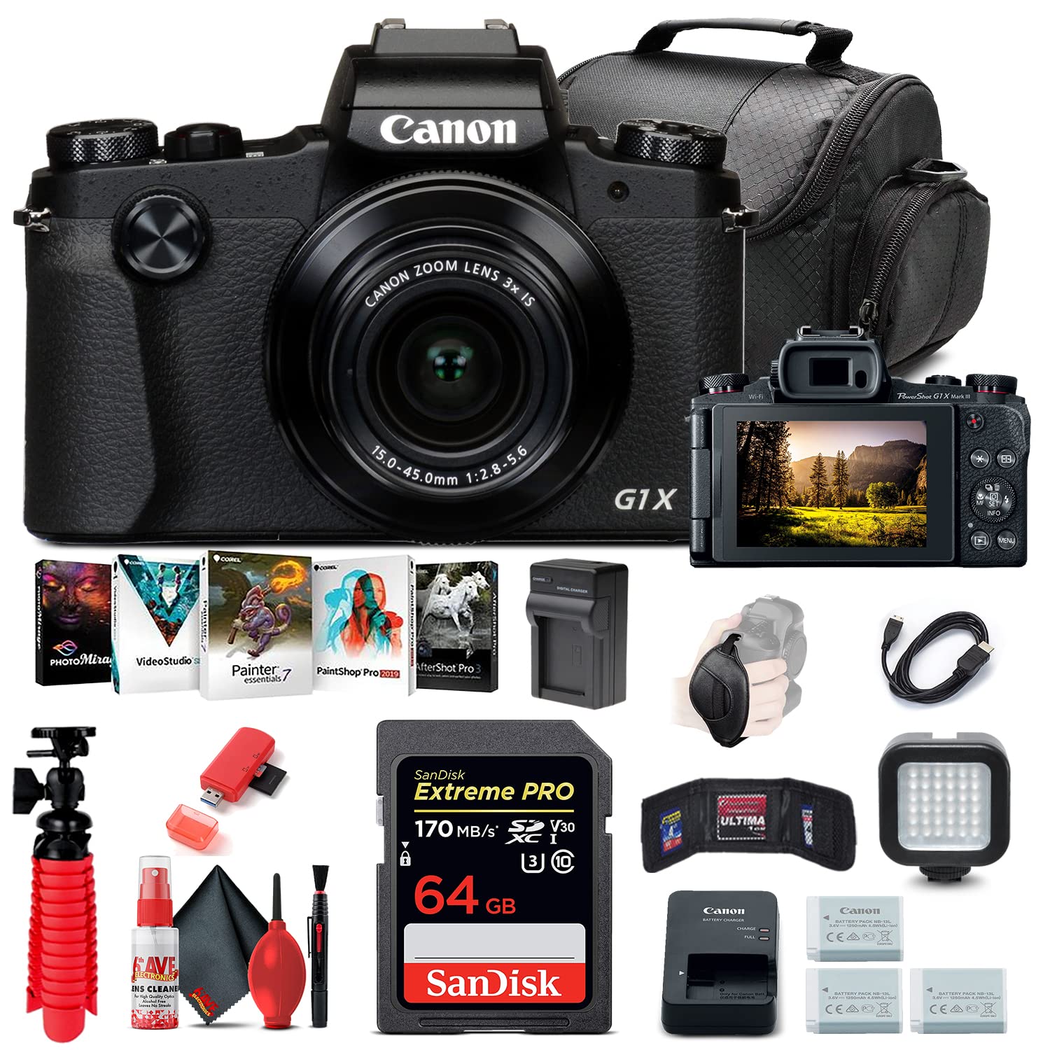 Canon PowerShot G1 X Mark III Digital Camera (2208C001) + 64GB Memory Card + 2 x NB13L Battery + Corel Photo Software + Charger + Card Reader + LED Light + Soft Bag + More (Renewed)