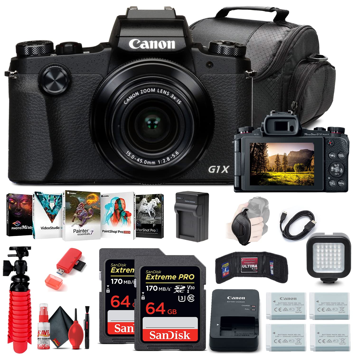 Canon PowerShot G1 X Mark III Digital Camera (2208C001) + 2 x 64GB Memory Card + 3 x NB13L Battery + Corel Photo Software + Charger + Card Reader + LED Light + Soft Bag + More (Renewed)