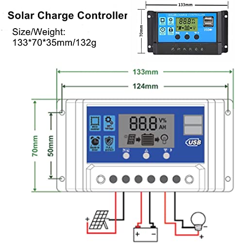 Jtron Solar Charge Controller, Solar Panel Battery Intelligent Regulator with Dual USB Port 12V/24V Auto Paremeter Multi-Function Adjustable LCD Display (YJSS-20A)