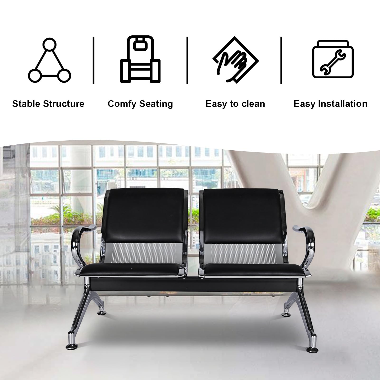 kinbor Airport Reception Chairs Waiting Benches - PU Leather Reception Bench with Arms, 5 Seat Waiting Room Chairs for Business Office, Salon, Bank, Hospital, Black