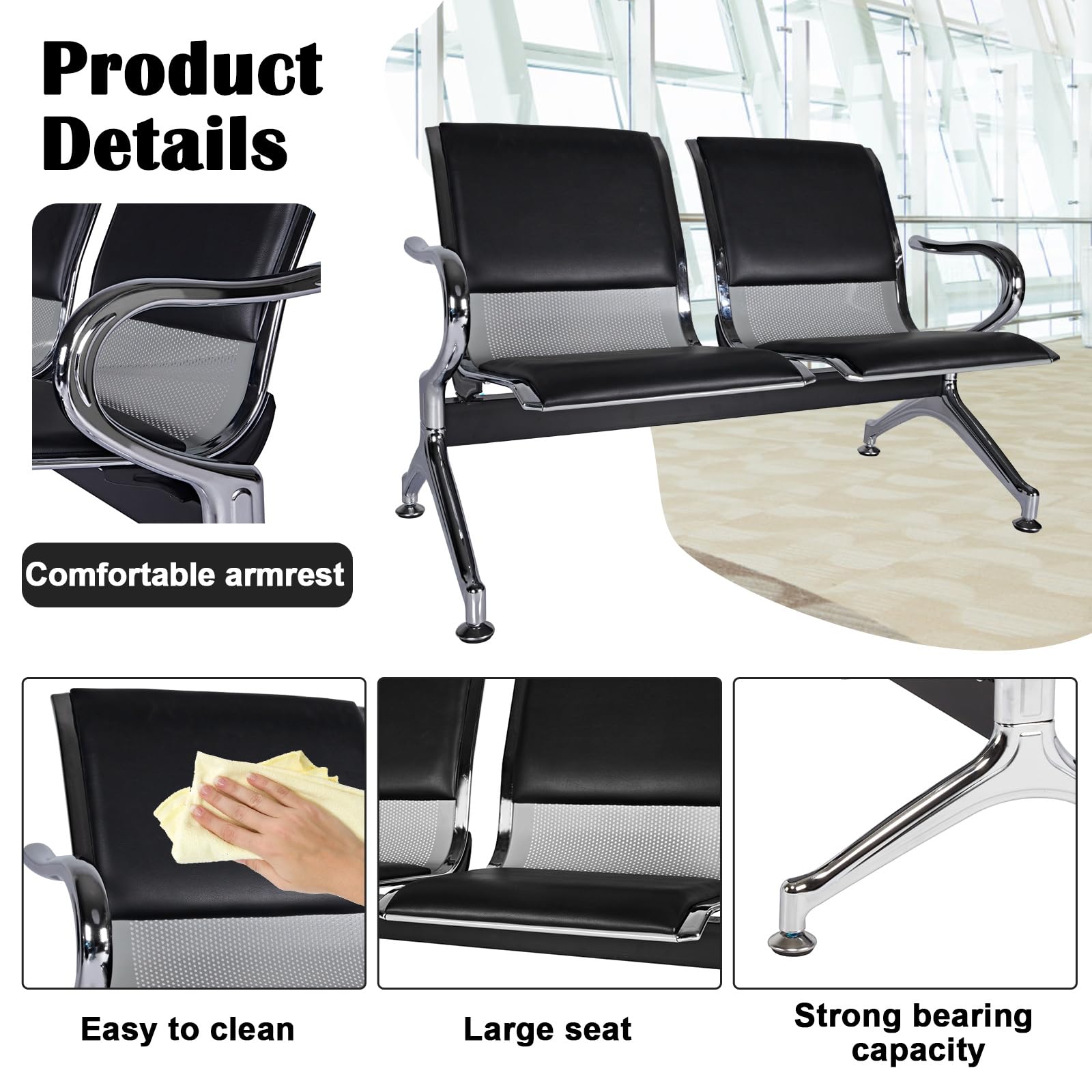 kinbor Airport Reception Chairs Waiting Benches - PU Leather Reception Bench with Arms, 5 Seat Waiting Room Chairs for Business Office, Salon, Bank, Hospital, Black