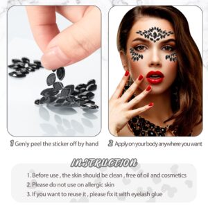 6 Sheets Face Gems Temporary Stick on Black Face Rhinestones Jewels for Women Party Gift for Kids Costume Temporary (Stylish Style)