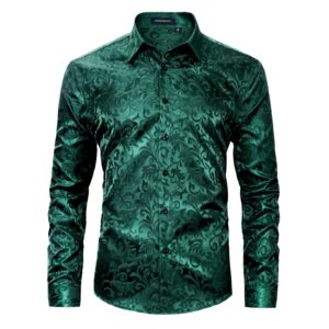 hisdern men's satin green dress shirts shiny emerald luxury button down shirt casual fashion long sleeve floral shirts tuxedo party prom night club