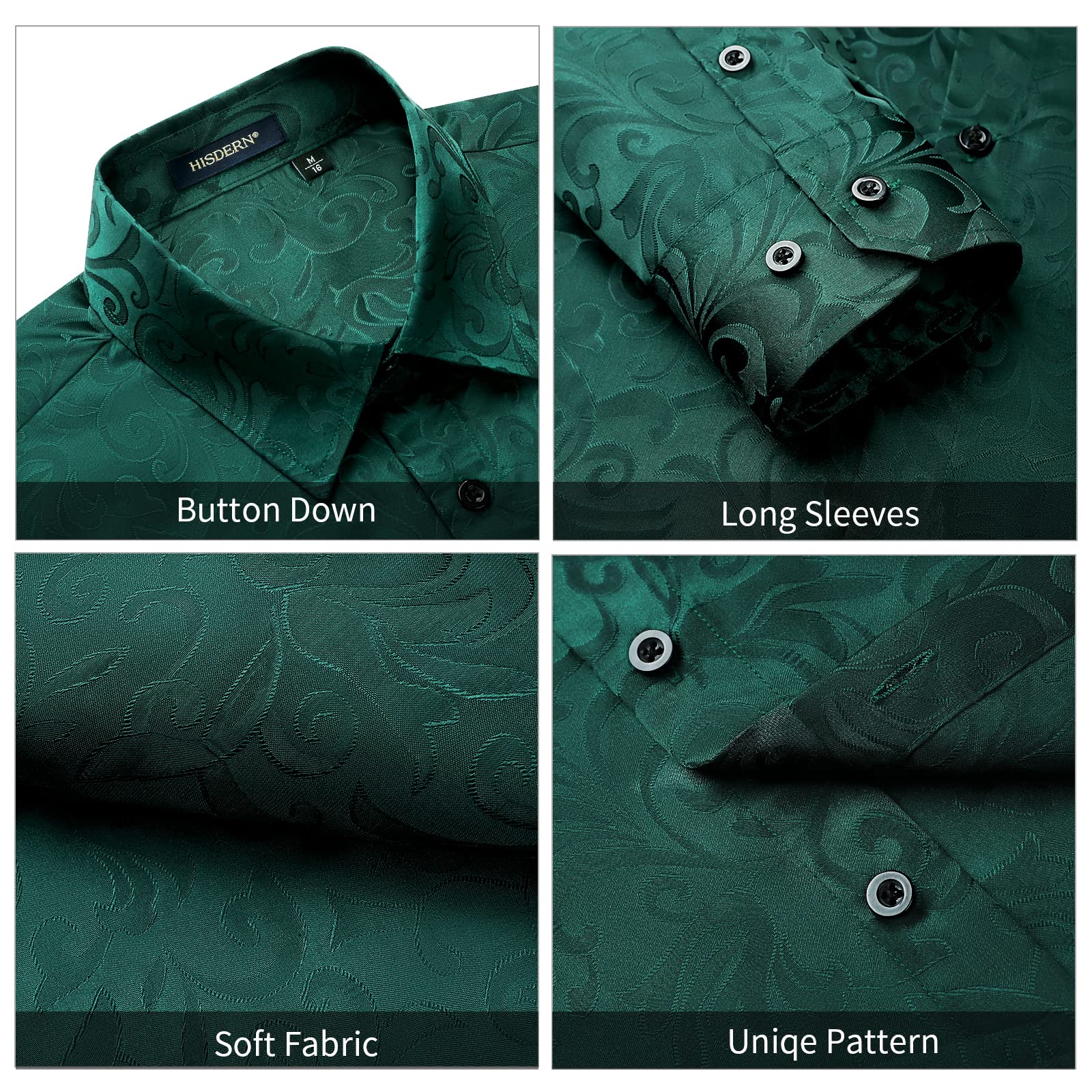 HISDERN Men's Satin Green Dress Shirts Shiny Emerald Luxury Button Down Shirt Casual Fashion Long Sleeve Floral Shirts Tuxedo Party Prom Night Club