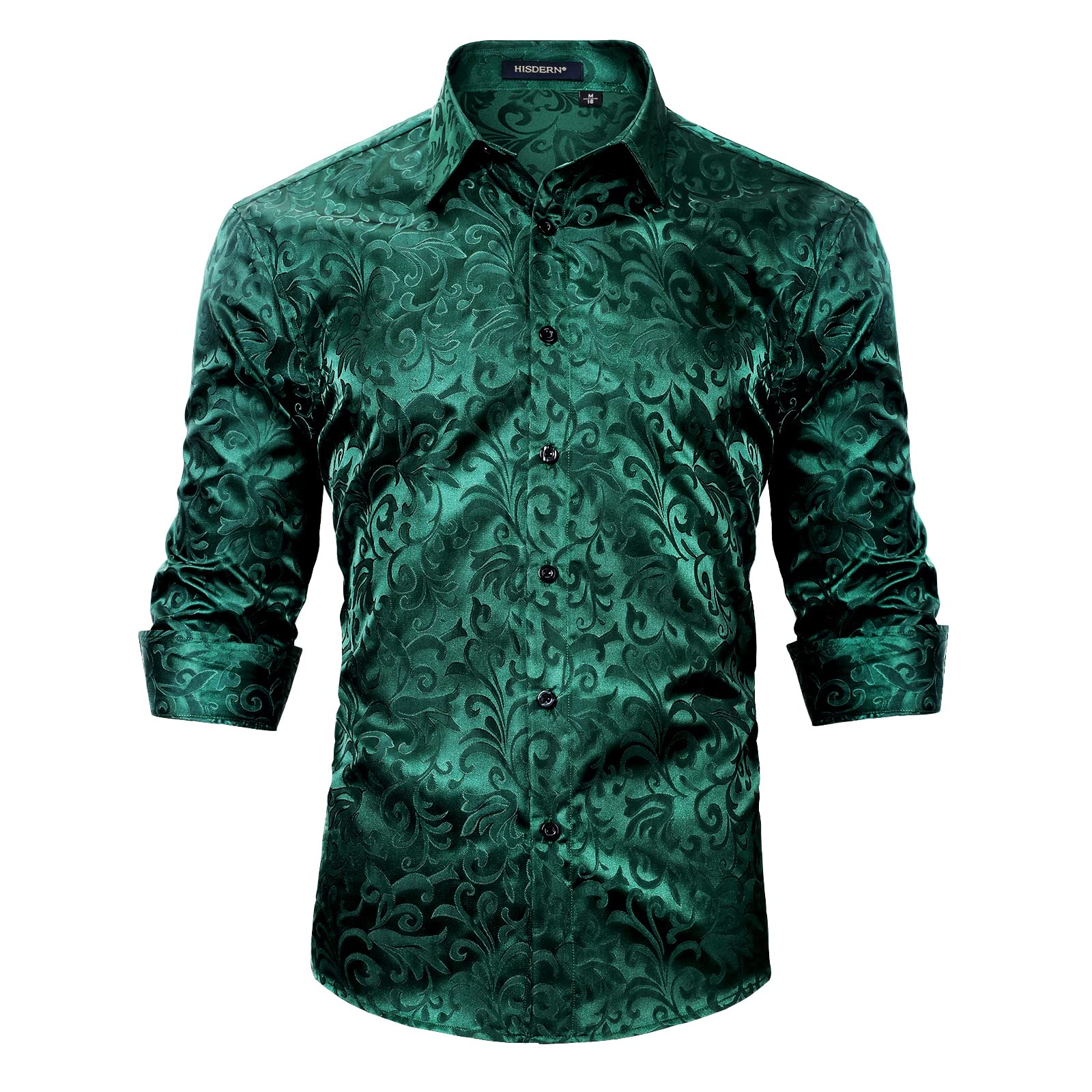 HISDERN Men's Satin Green Dress Shirts Shiny Emerald Luxury Button Down Shirt Casual Fashion Long Sleeve Floral Shirts Tuxedo Party Prom Night Club