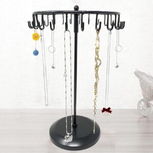 Qaeoity Rotating Necklace Holder Jewelry Organizer Display Stand 14-Inch with 23 Hooks Black, short-black, 8.27*5.9*13.8inch (HS01)