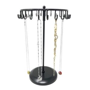 Qaeoity Rotating Necklace Holder Jewelry Organizer Display Stand 14-Inch with 23 Hooks Black, short-black, 8.27*5.9*13.8inch (HS01)