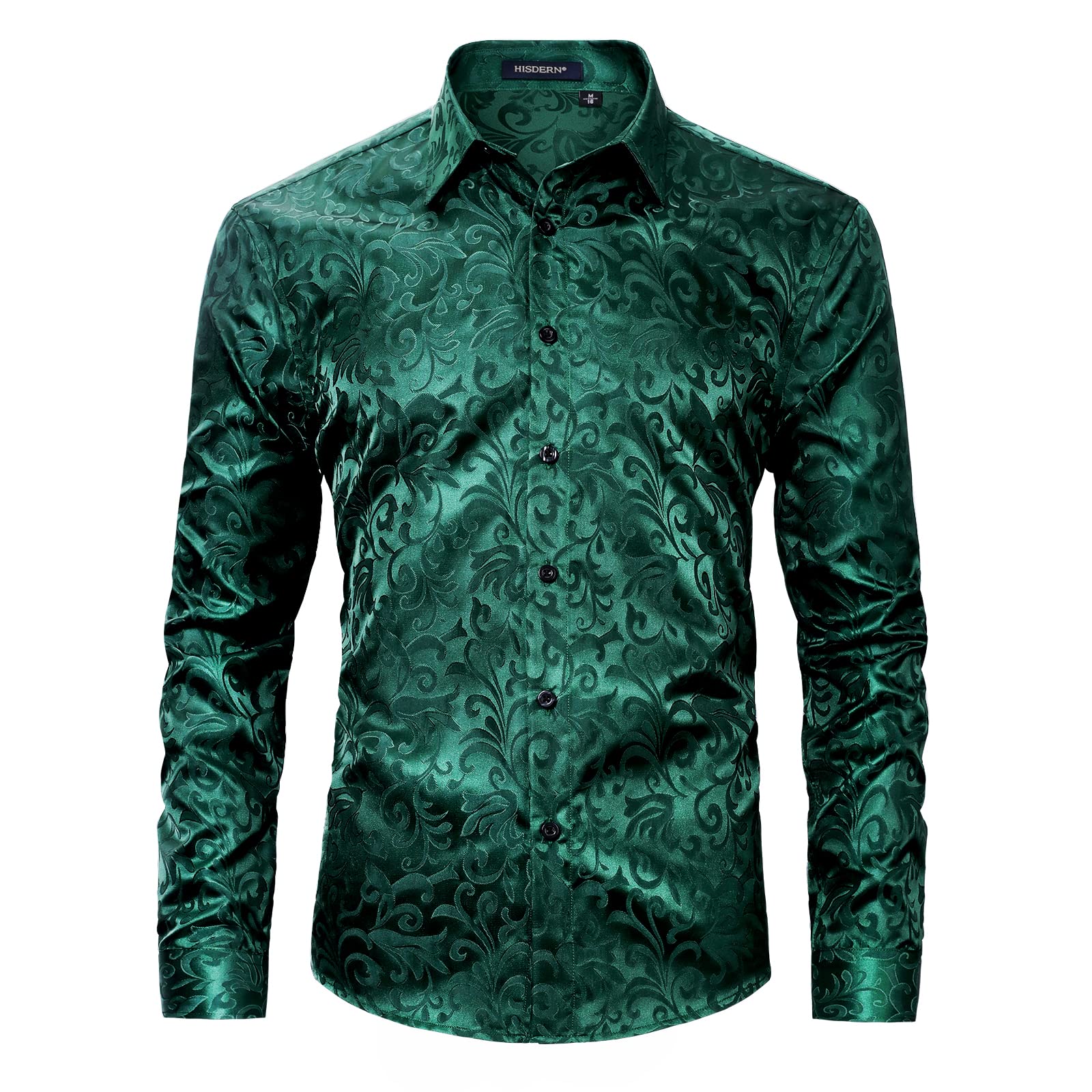 HISDERN Men's Satin Green Dress Shirts Shiny Emerald Luxury Button Down Shirt Casual Fashion Long Sleeve Floral Shirts Tuxedo Party Prom Night Club