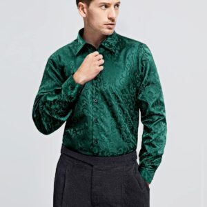 HISDERN Men's Satin Green Dress Shirts Shiny Emerald Luxury Button Down Shirt Casual Fashion Long Sleeve Floral Shirts Tuxedo Party Prom Night Club