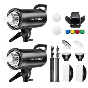 godox 2* sk400ii 800ws studio strobe flash lighting kit:2 pack sk400ii monolight with bowens mount for photography and studio video shooting with light stand,softbox,umbrella,reflector,barn door...