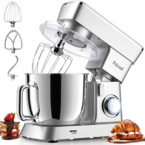 peicual stand mixer, 5.5qt 10+p speed tilt-head kitchen electric mixer, food mixer with stainless steel bowl, dough hook, flat beater, wire whisk, splash guard for daily use - silver