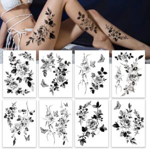 temporary tattoos for women sexy thigh chest shoulder stomach large flower huge fake tattoos，exquisite and aesthetic，designed by real tattoo artists | roarhowl tattoo rose 8 sheets