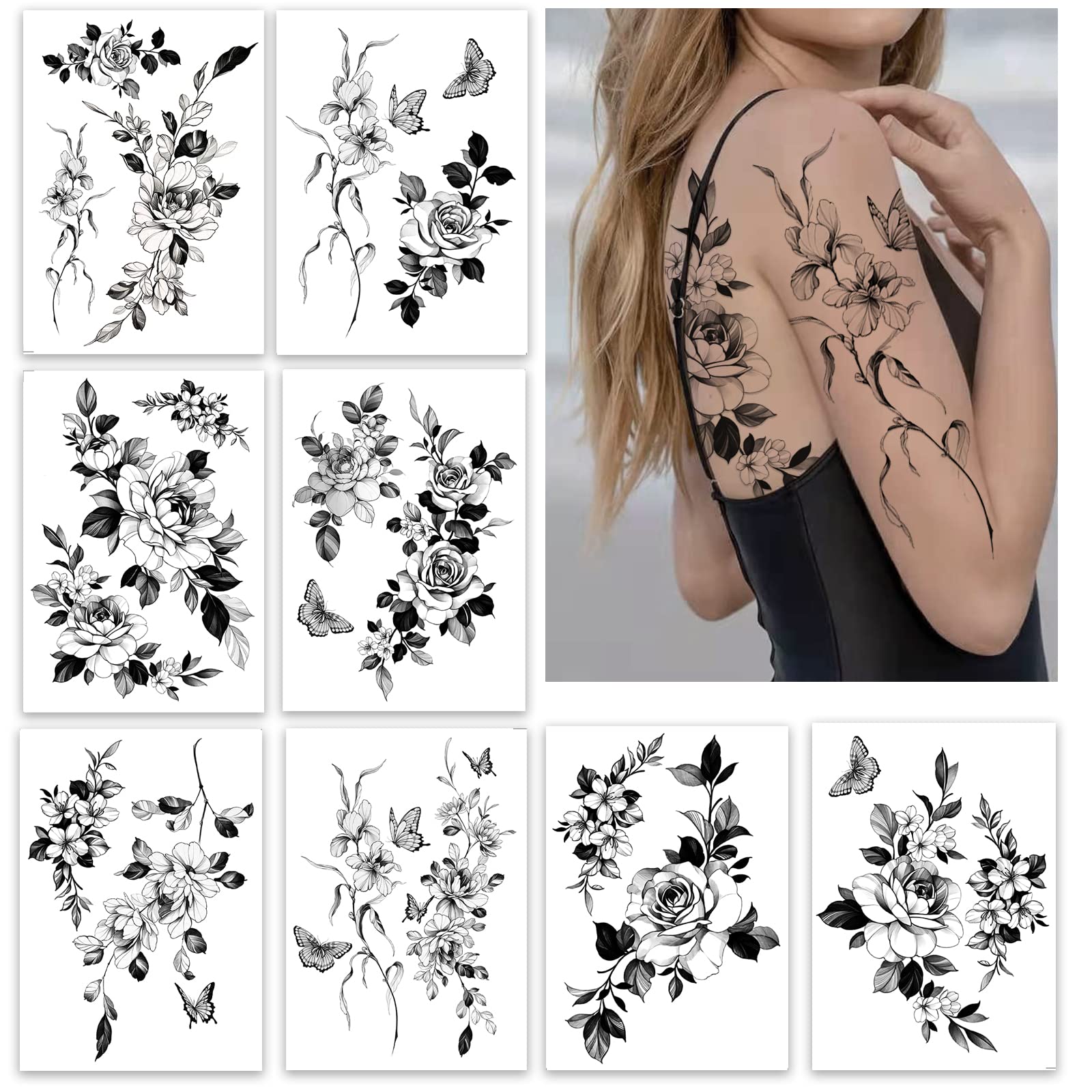 Temporary tattoos for women sexy thigh chest shoulder stomach Large flower huge fake tattoos，Exquisite and aesthetic，Designed By Real Tattoo Artists | Roarhowl tattoo rose 8 sheets