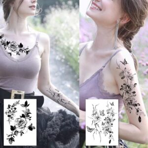 Temporary tattoos for women sexy thigh chest shoulder stomach Large flower huge fake tattoos，Exquisite and aesthetic，Designed By Real Tattoo Artists | Roarhowl tattoo rose 8 sheets