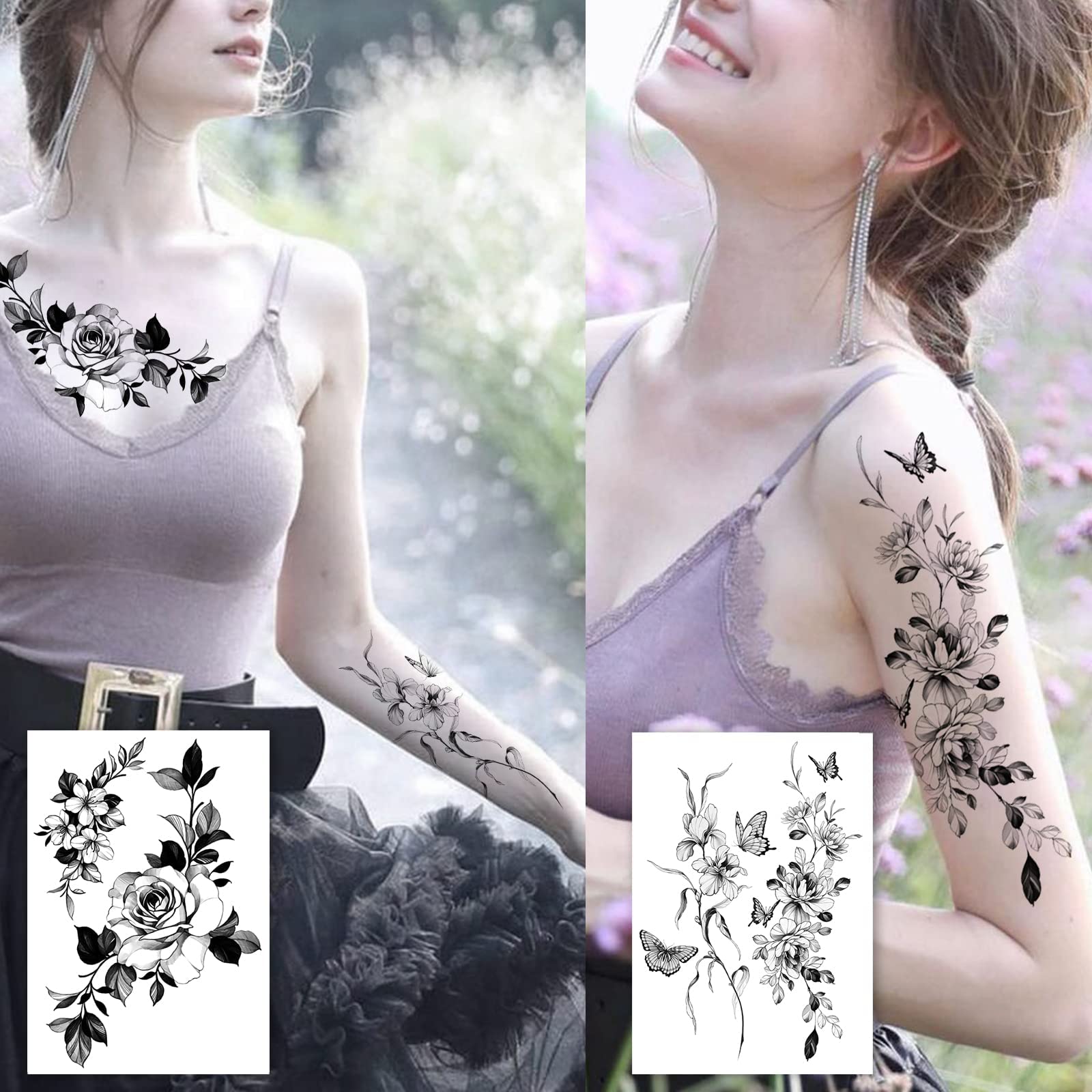 Temporary tattoos for women sexy thigh chest shoulder stomach Large flower huge fake tattoos，Exquisite and aesthetic，Designed By Real Tattoo Artists | Roarhowl tattoo rose 8 sheets