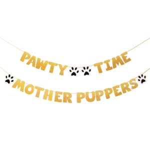 pre-strung let's pawty dog birthday party supplies, pawty time mother puppers,funny gold glitter puppy dog birthday banner for party decorations girl boy, cute puppy pets paw pennant sign deco