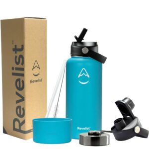 revelist sports water bottle - 32 oz, 3 lids (straw lid, spout & screw top) with boot, vacuum insulated stainless steel, double walled, reusable water flask, metal canteen - caribbean blue