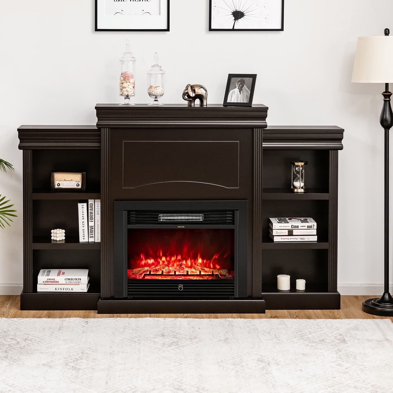 Tangkula 70" Mantel Fireplace TV Stand, 750W/1500W Electric Fireplace Heater Insert Cabinet w/Remote Control, 1-8H Timer, 5-Brightness & 3-Color Flame, Media Console Center w/Open Shelves (Espresso)