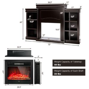 Tangkula 70" Mantel Fireplace TV Stand, 750W/1500W Electric Fireplace Heater Insert Cabinet w/Remote Control, 1-8H Timer, 5-Brightness & 3-Color Flame, Media Console Center w/Open Shelves (Espresso)