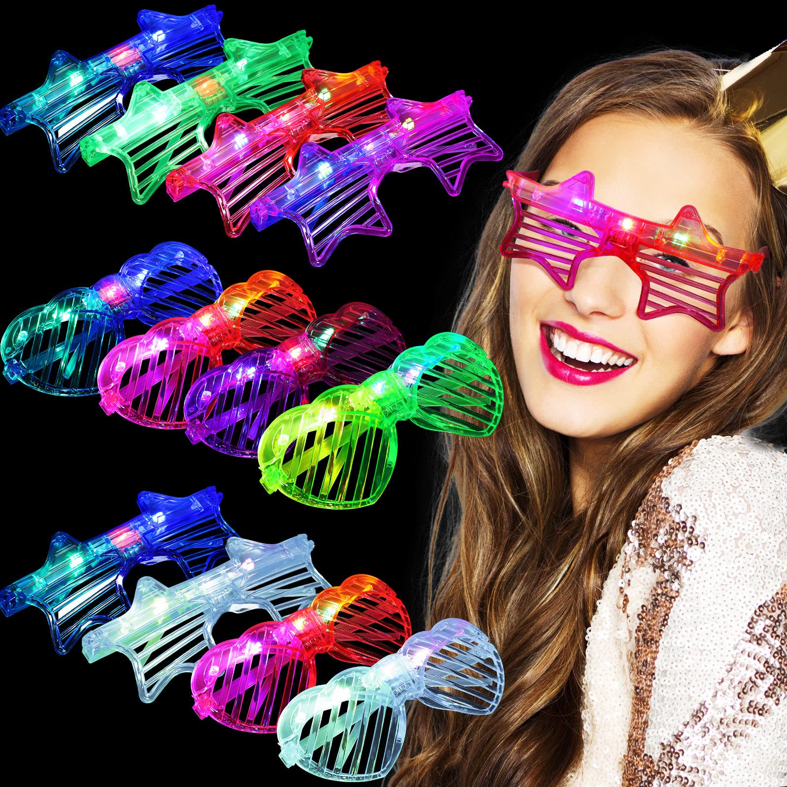 12 Pairs Light up Glasses Glow in The Dark Party Supplies Halloween Glow Glasses for Party Flashing Multi Colored Led Sunglasses Heart LED Glasses for Adults Teens Halloween Party