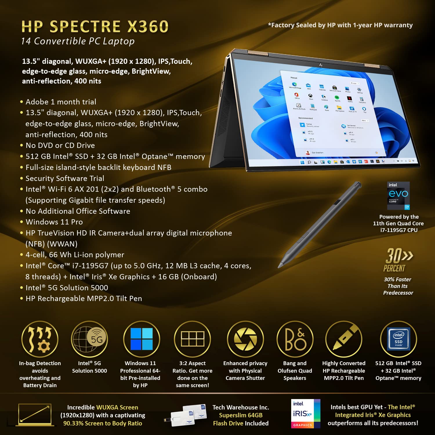 HP Spectre x360 Luxury 14T, 13.5" 3:2 WUXGA Touch, Intel i7-1195G7, 16GB RAM, 512GB SSD+32GB Optane, Intel 5G nanoSim Slot, Fingerprint, Tilt Pen, Black, Win 11 Pro, 64GB TechWarehouse Flashdrive