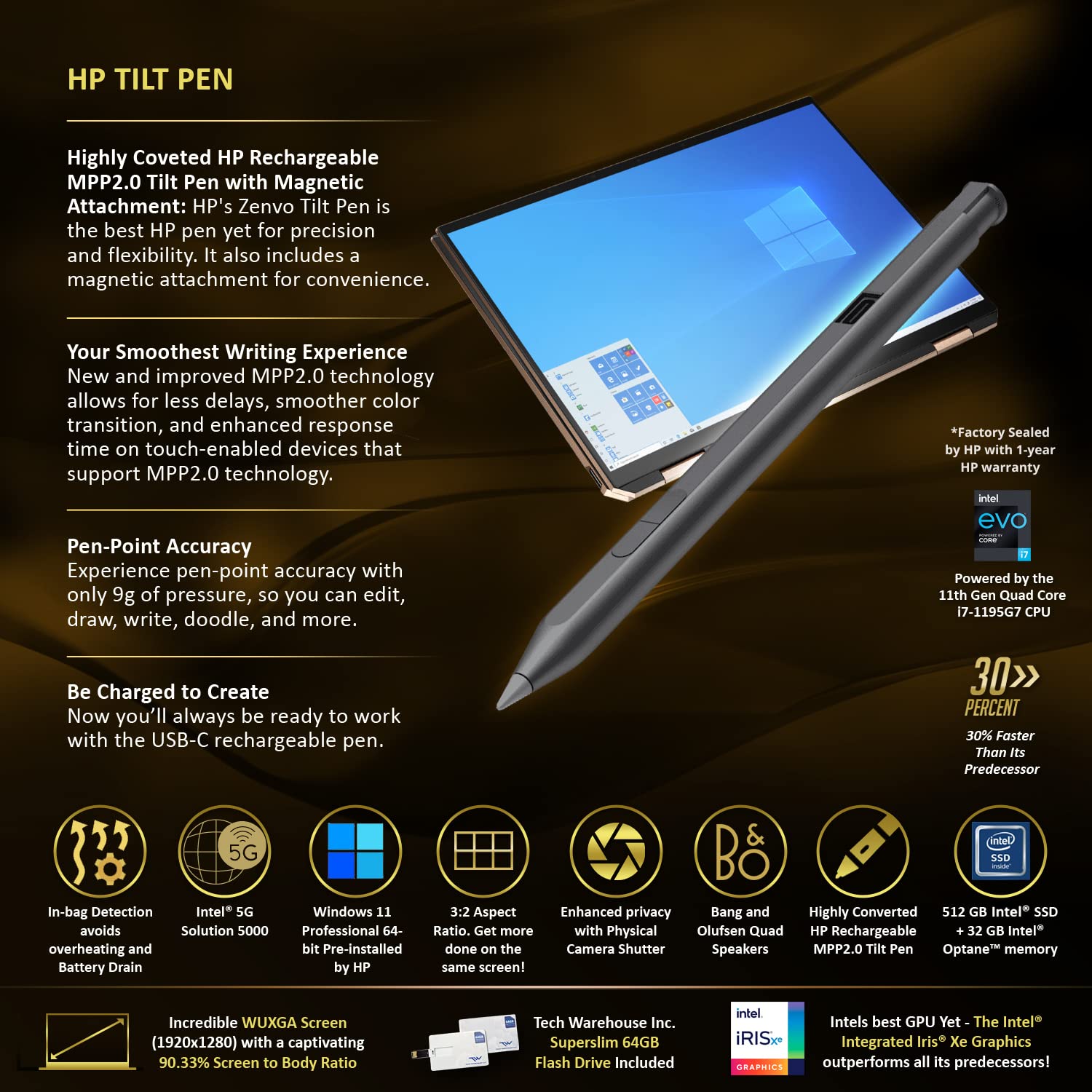 HP Spectre x360 Luxury 14T, 13.5" 3:2 WUXGA Touch, Intel i7-1195G7, 16GB RAM, 512GB SSD+32GB Optane, Intel 5G nanoSim Slot, Fingerprint, Tilt Pen, Black, Win 11 Pro, 64GB TechWarehouse Flashdrive