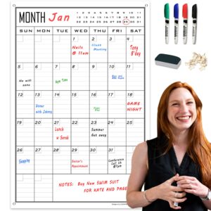 large dry erase calendar for wall monthly,24x36 inch big vertical blank white board calendar fit to narrow wall,giant laminated erasable 30 day schedule planner poster for family,office,classroom