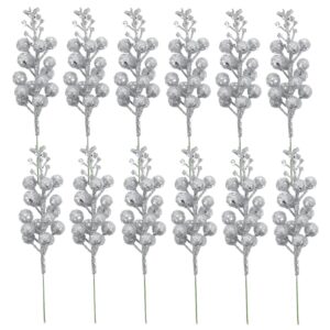 toyvian 12pcs christmas glitter berries stems, 7inch silver artificial berry christmas picks, holly berry twig for christmas tree decoration diy wreath accessories winter holiday decoration