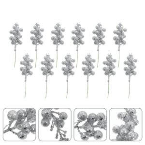Toyvian 12Pcs Christmas Glitter Berries Stems, 7Inch Silver Artificial Berry Christmas Picks, Holly Berry Twig for Christmas Tree Decoration DIY Wreath Accessories Winter Holiday Decoration