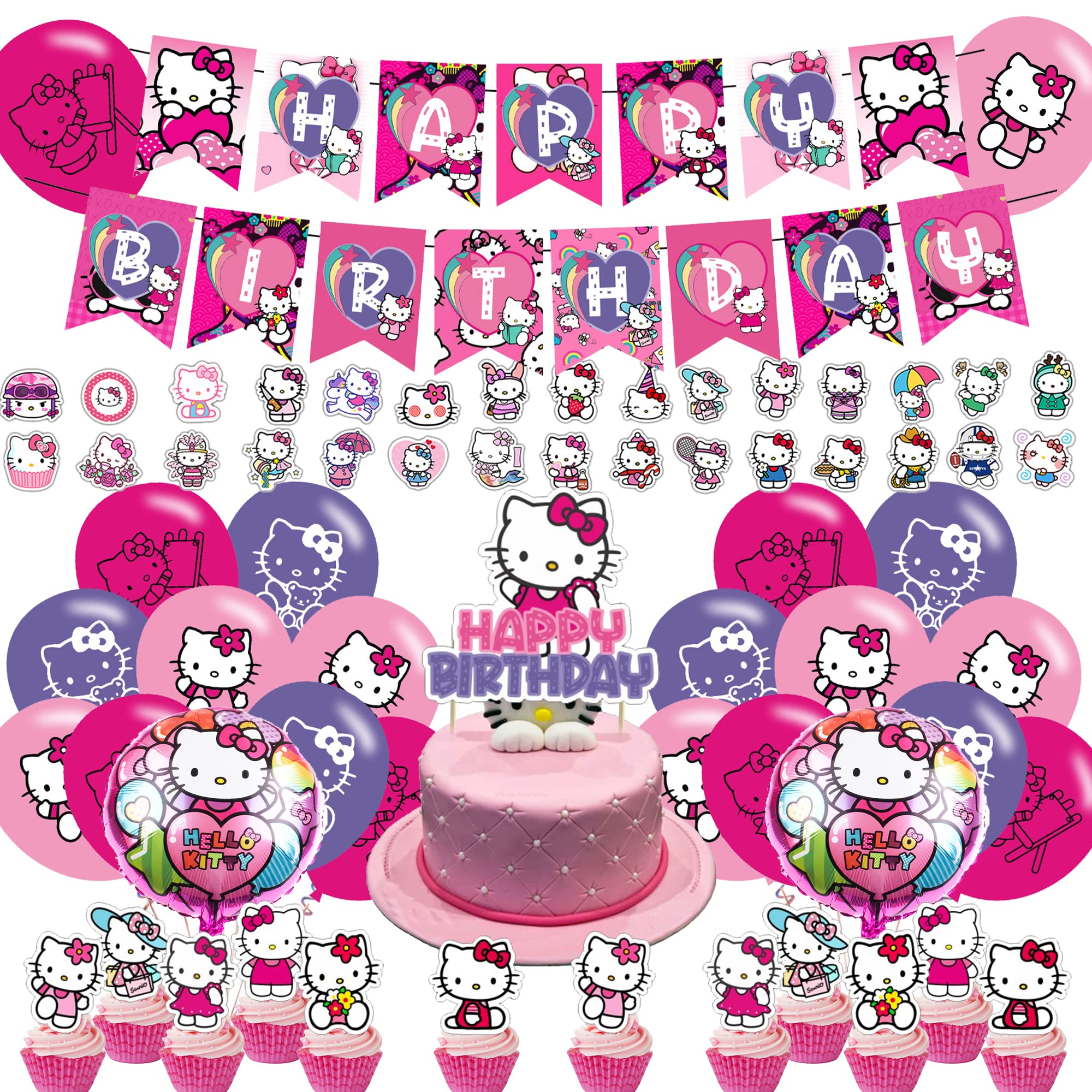 Hello Kitty Party Decorations,Birthday Party Supplies For Hello Kitty Party Supplies Includes Banner - Cake Topper - 12 Cupcake Toppers - 18 Balloons - 2 Hello Kitty Foils Ballons and 50 Kitty