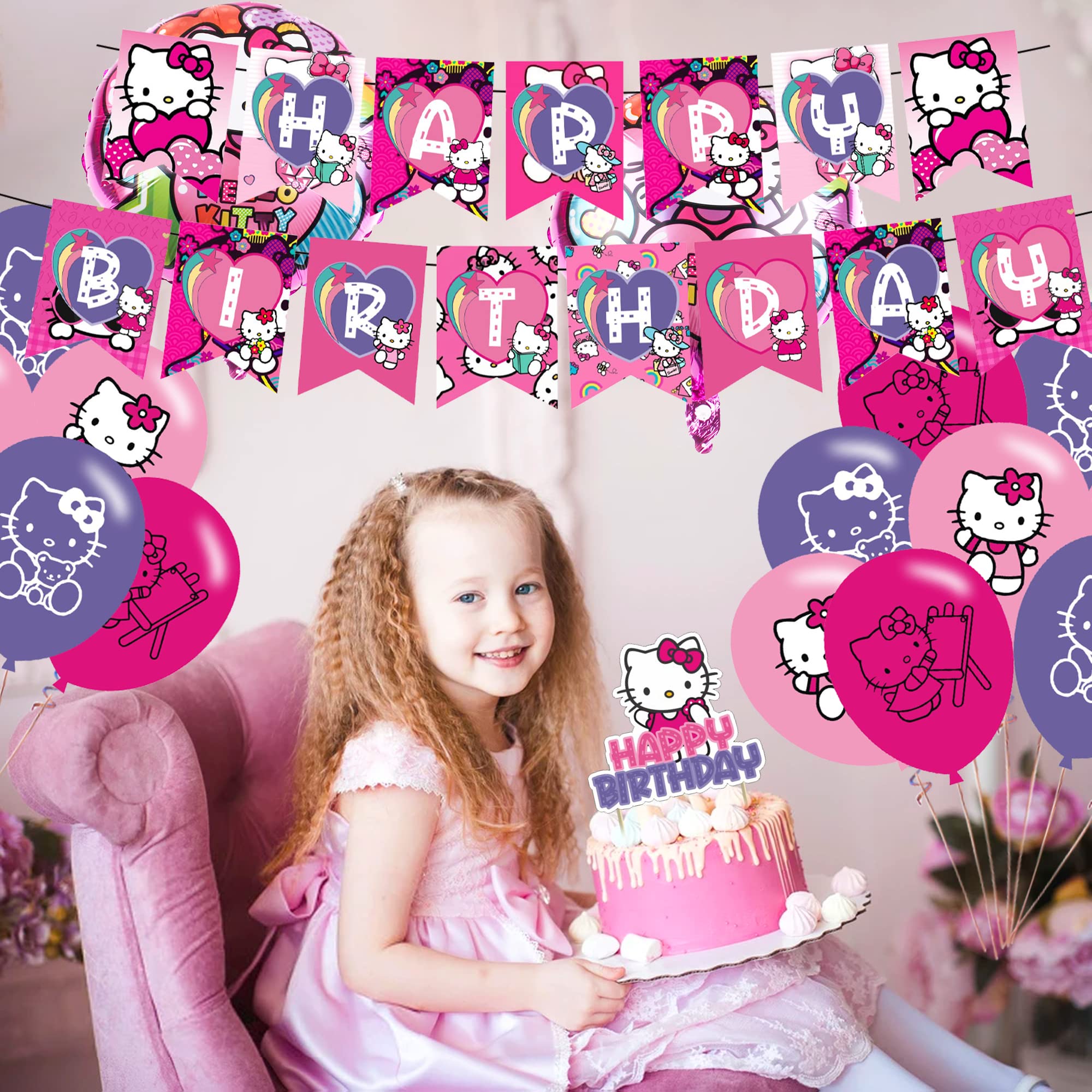 Hello Kitty Party Decorations,Birthday Party Supplies For Hello Kitty Party Supplies Includes Banner - Cake Topper - 12 Cupcake Toppers - 18 Balloons - 2 Hello Kitty Foils Ballons and 50 Kitty