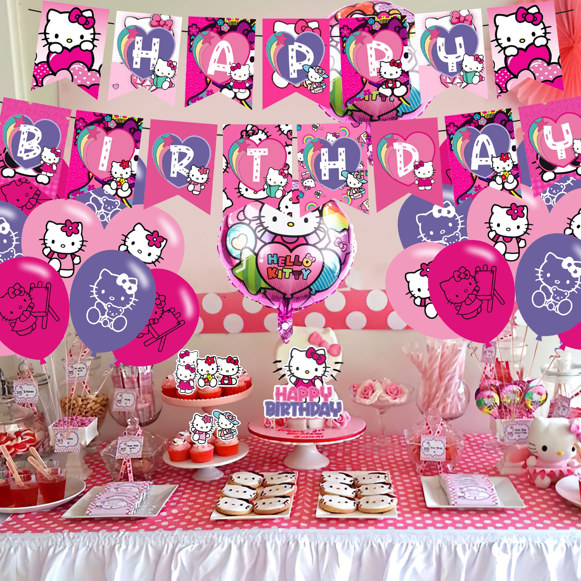 Hello Kitty Party Decorations,Birthday Party Supplies For Hello Kitty Party Supplies Includes Banner - Cake Topper - 12 Cupcake Toppers - 18 Balloons - 2 Hello Kitty Foils Ballons and 50 Kitty