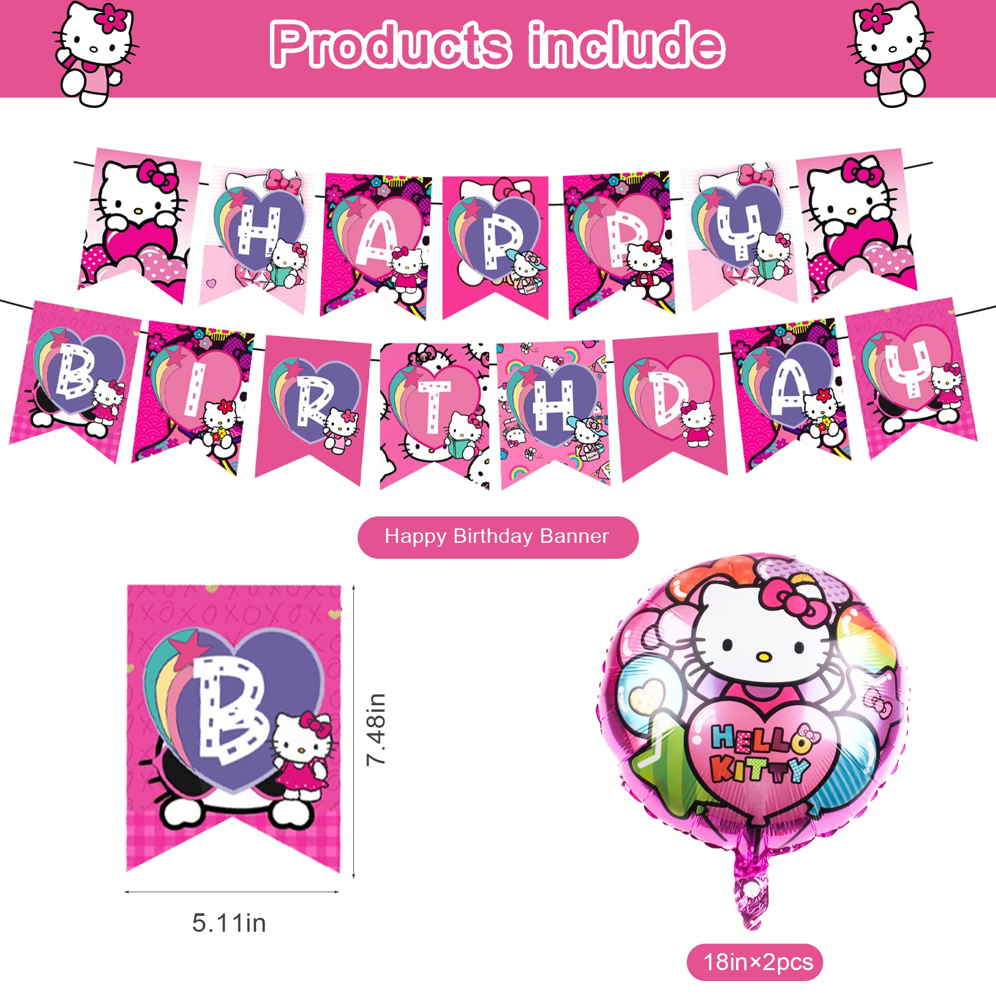 Hello Kitty Party Decorations,Birthday Party Supplies For Hello Kitty Party Supplies Includes Banner - Cake Topper - 12 Cupcake Toppers - 18 Balloons - 2 Hello Kitty Foils Ballons and 50 Kitty