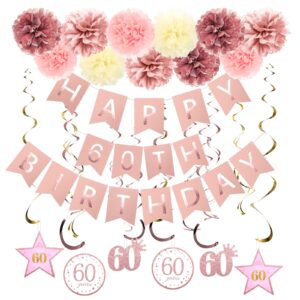 guozhixin rose gold 60th birthday party decorations , rose gold glittery happy 60th birthday banner,poms,sparkling hanging swirls kit for 60th birthday party supplies