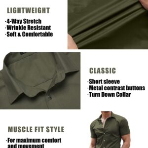 COOFANDY Men's Dress Shirts Slim Fit Wrinkle-Free Short Sleeve Casual Button Down Shirt Olive Green