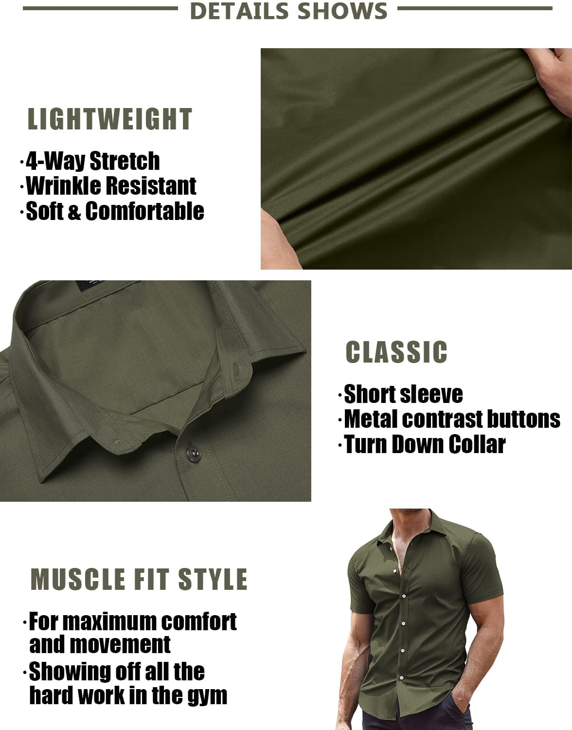 COOFANDY Men's Dress Shirts Slim Fit Wrinkle-Free Short Sleeve Casual Button Down Shirt Olive Green