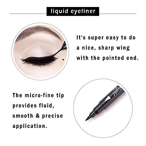 Dual Ended Black Liquid Eyeliner - 2 in 1 Winged Cat Eye Stamp & Felt-tip Eyeliner Pen, Waterproof, Long Lasting and Smudge Proof Eye Makeup Tool for Women