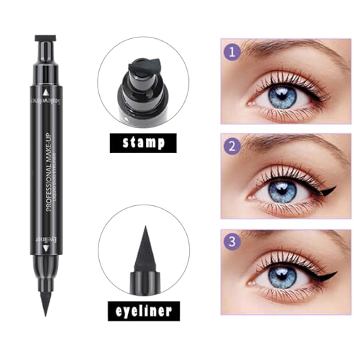 Dual Ended Black Liquid Eyeliner - 2 in 1 Winged Cat Eye Stamp & Felt-tip Eyeliner Pen, Waterproof, Long Lasting and Smudge Proof Eye Makeup Tool for Women