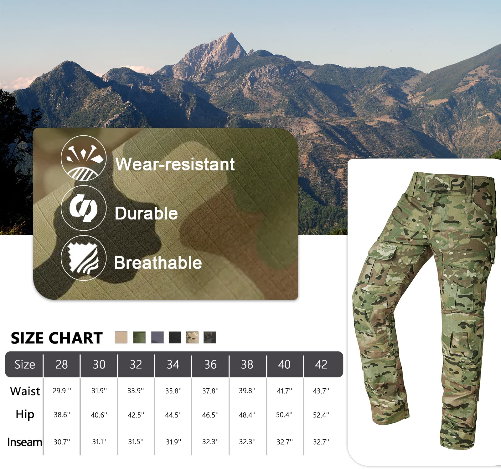 OCANXUE Tactical Pants Camo Cargo Pants for Men Outdoor Hiking Pants Ripstop Work Pants Multi Pocket Pants No Belt No Knee Pads CP Camo 34