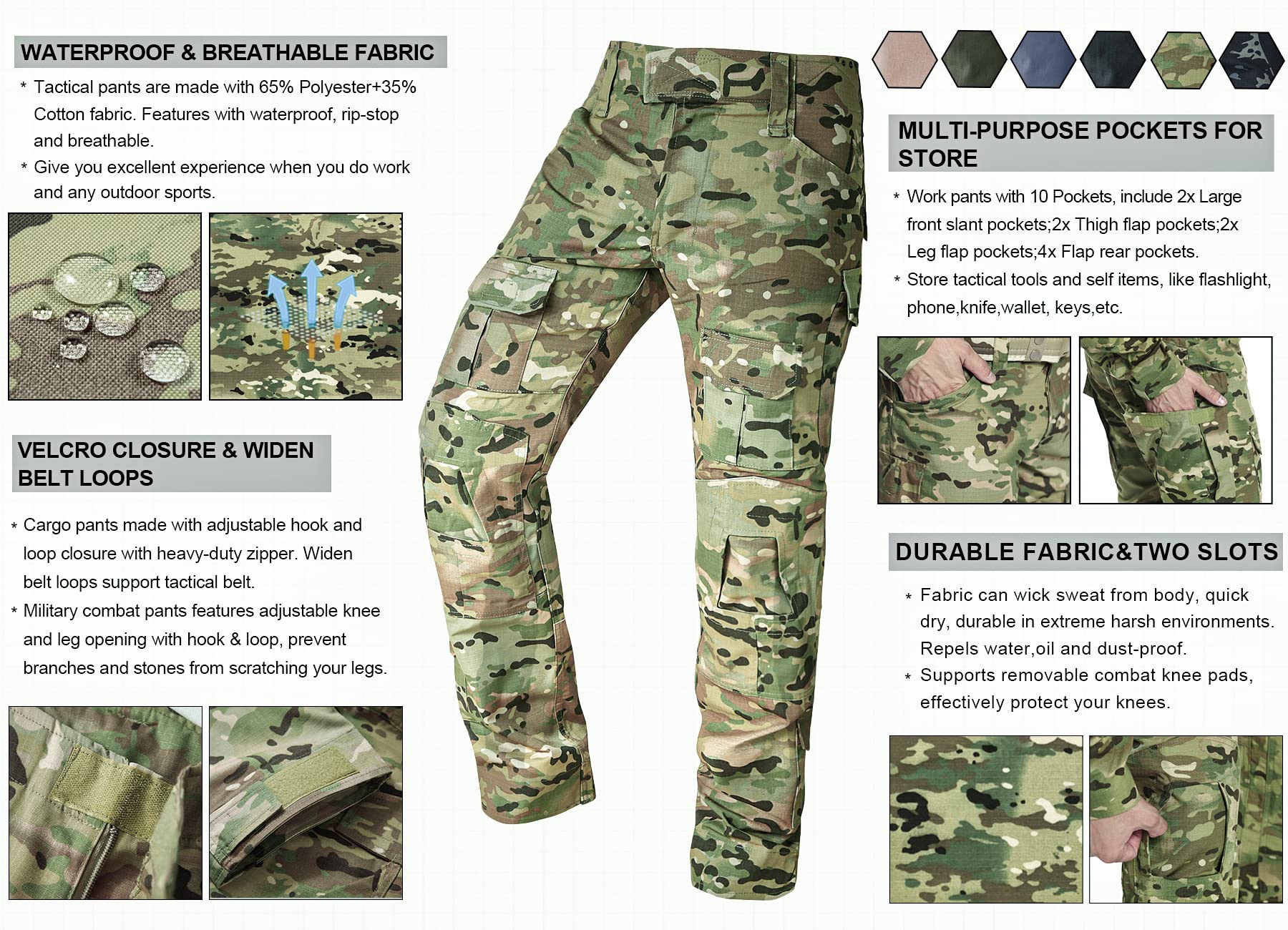 OCANXUE Tactical Pants Camo Cargo Pants for Men Outdoor Hiking Pants Ripstop Work Pants Multi Pocket Pants No Belt No Knee Pads CP Camo 34