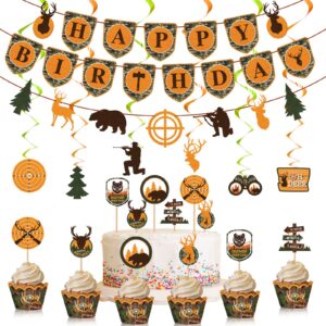 62 pcs hunting theme party decorations hunting birthday banner camo birthday party decorations camo cupcake toppers hunting swirls decorations deer decorations for party birthday baby shower