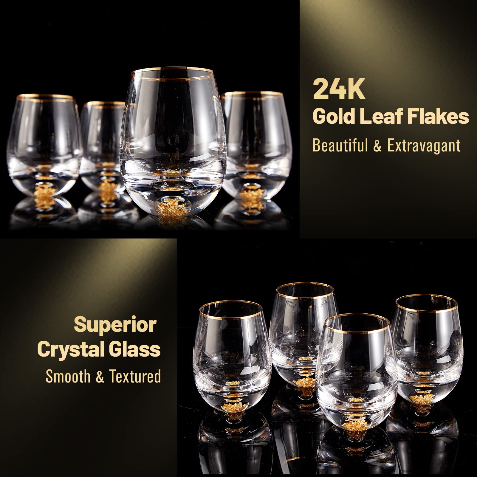 DUJUST Stemless Wine Glasses Set of 4 (14oz), Crystal Wine Glasses Decorated with 24K Gold Leaf Flakes, for Red & White Wine, Personalized & Unique Wine Sets Gifts for Women/Men- 4 pcs