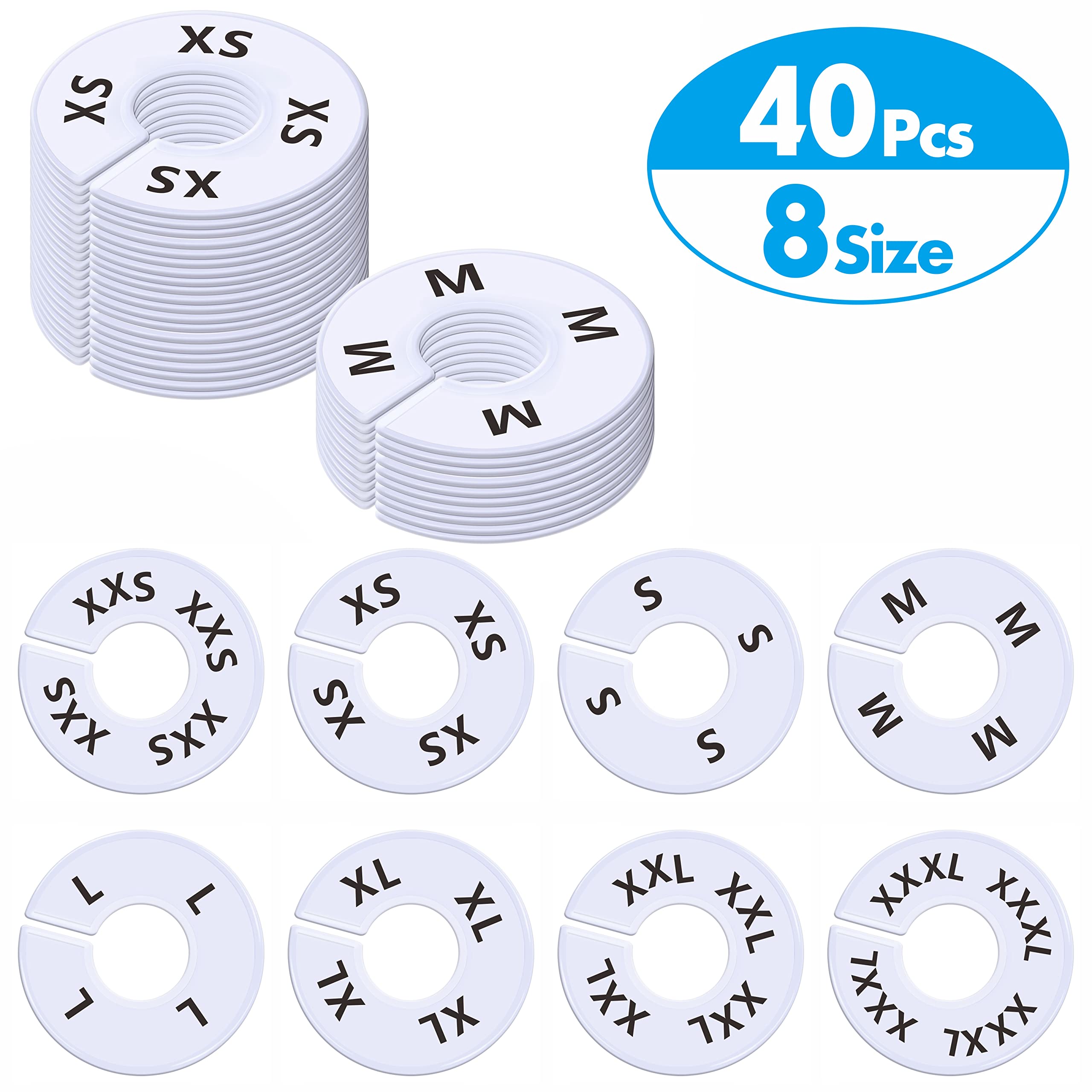 40 Pack Round White Plastic Clothing Size Closet Rack Dividers Hangers, Preprinted in 8 Sizes XXS, XS, S, M, L, XL, XXL, XXXL (Outer 3.5”, Inner Diameter 1.38”)