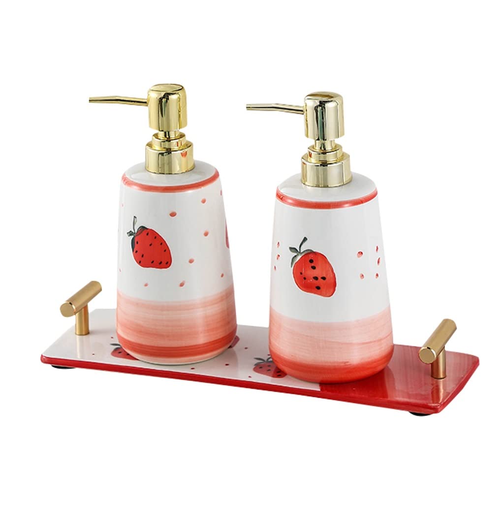 DIANDIAN 3 Pack Ceramic Soap Dispenser Set with Ceramic Tray Strawberry Pump Dispenser Bottles for Bathroom Kitchen, 400ml/13.5 oz (Color : Red)