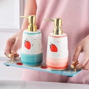 DIANDIAN 3 Pack Ceramic Soap Dispenser Set with Ceramic Tray Strawberry Pump Dispenser Bottles for Bathroom Kitchen, 400ml/13.5 oz (Color : Red)