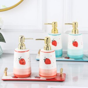 DIANDIAN 3 Pack Ceramic Soap Dispenser Set with Ceramic Tray Strawberry Pump Dispenser Bottles for Bathroom Kitchen, 400ml/13.5 oz (Color : Red)