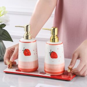 DIANDIAN 3 Pack Ceramic Soap Dispenser Set with Ceramic Tray Strawberry Pump Dispenser Bottles for Bathroom Kitchen, 400ml/13.5 oz (Color : Red)