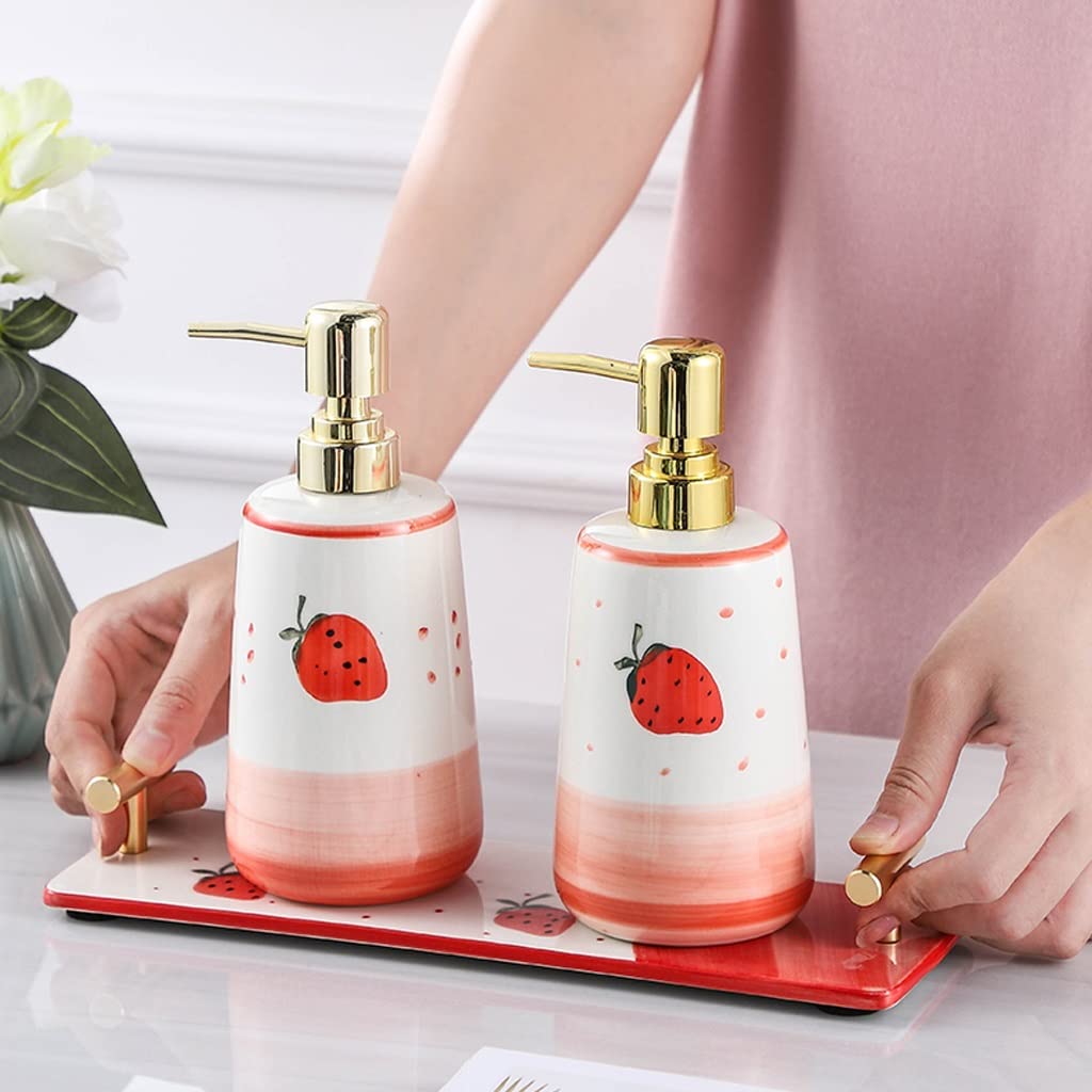 DIANDIAN 3 Pack Ceramic Soap Dispenser Set with Ceramic Tray Strawberry Pump Dispenser Bottles for Bathroom Kitchen, 400ml/13.5 oz (Color : Red)