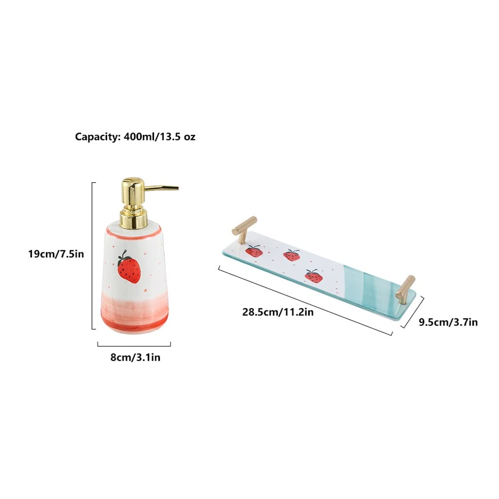 DIANDIAN 3 Pack Ceramic Soap Dispenser Set with Ceramic Tray Strawberry Pump Dispenser Bottles for Bathroom Kitchen, 400ml/13.5 oz (Color : Red)