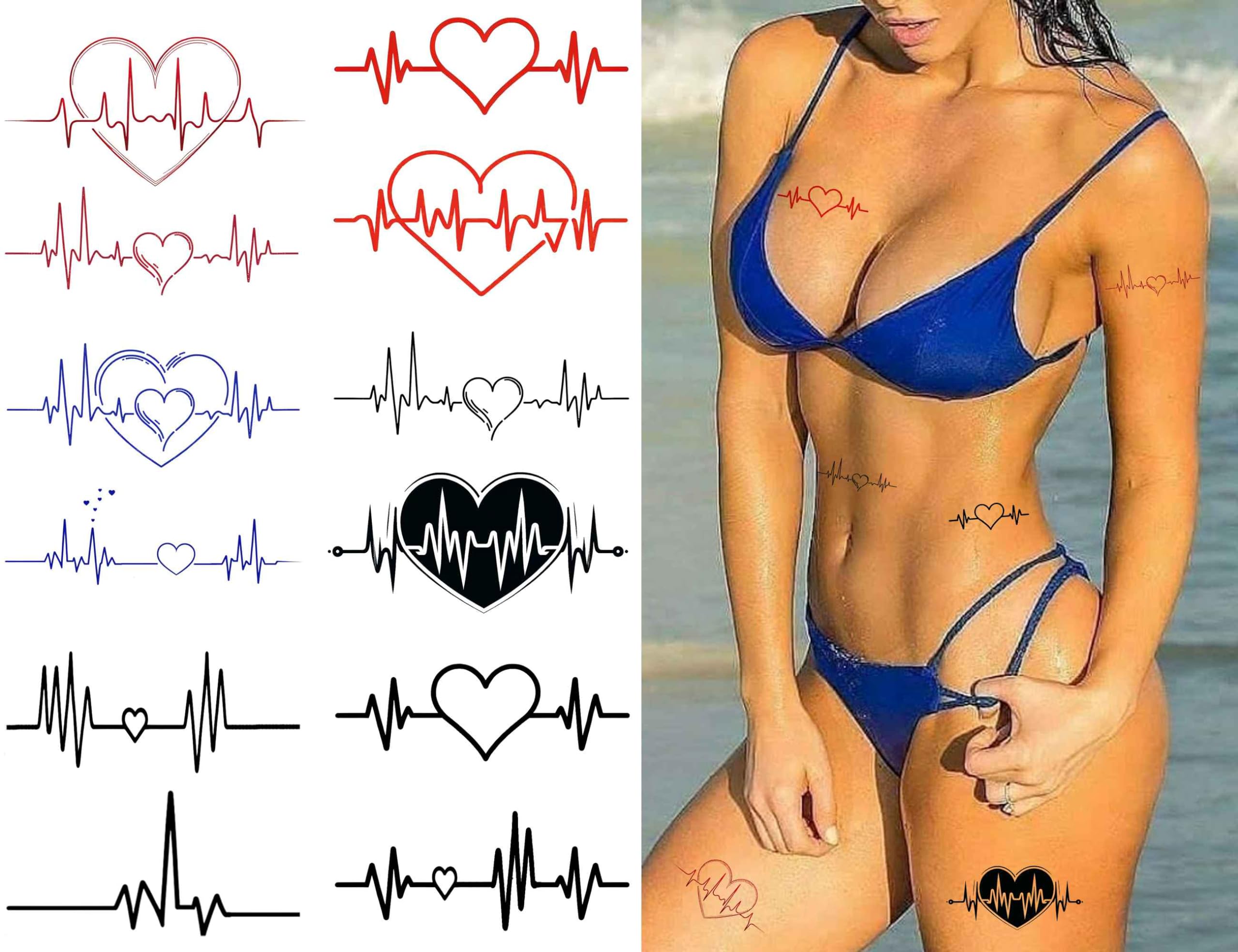 JCTATO 12 Designs Temporary Tattoo Heartbeat Tattoo Women Adults Valentines Day Party Favors Heart Face Sleeve Heartbeat Fake Tattoos Body Art Satickers